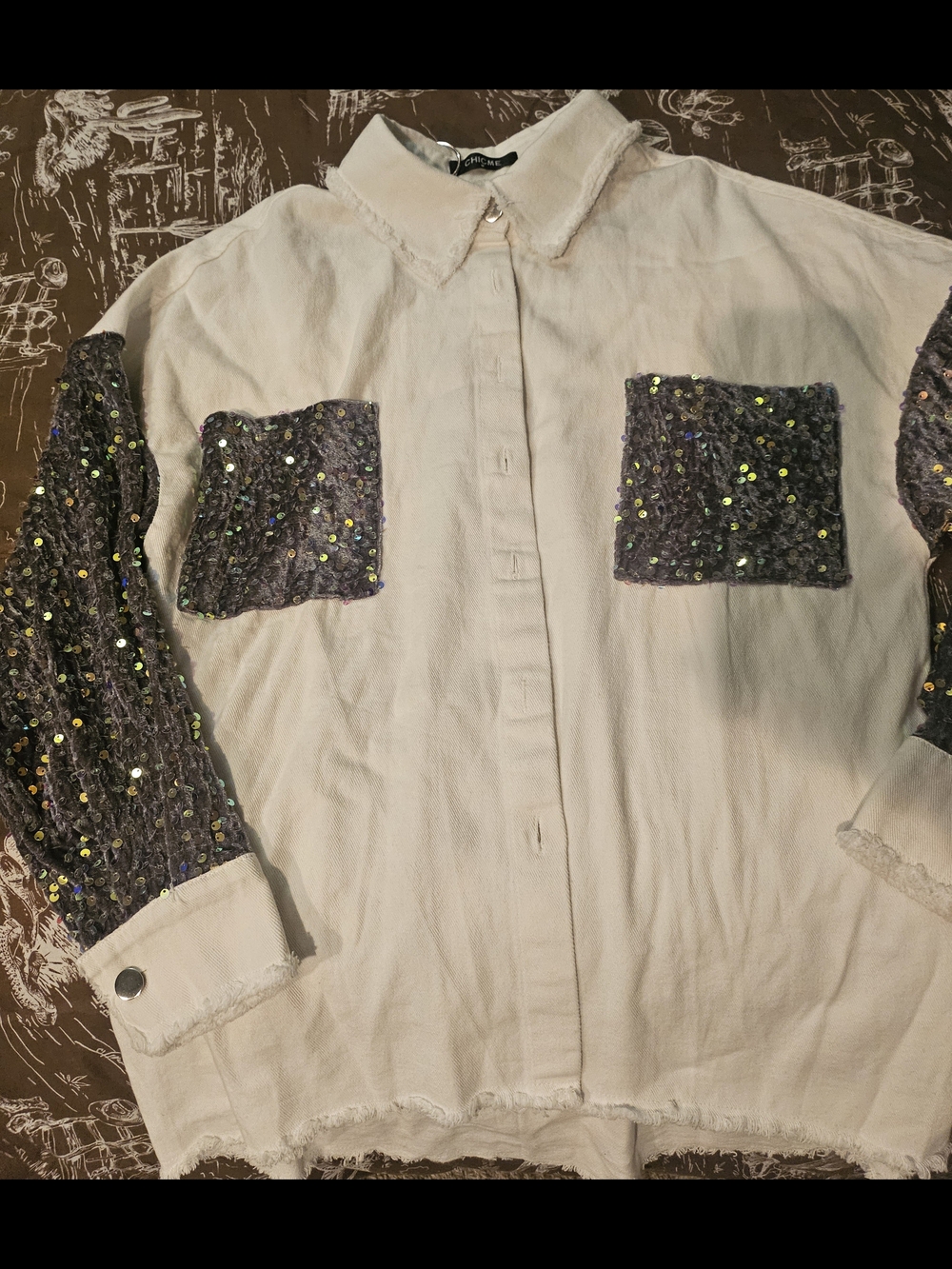 Cream Button-Up Shirt with Sequin Gray Pockets & Sleeves